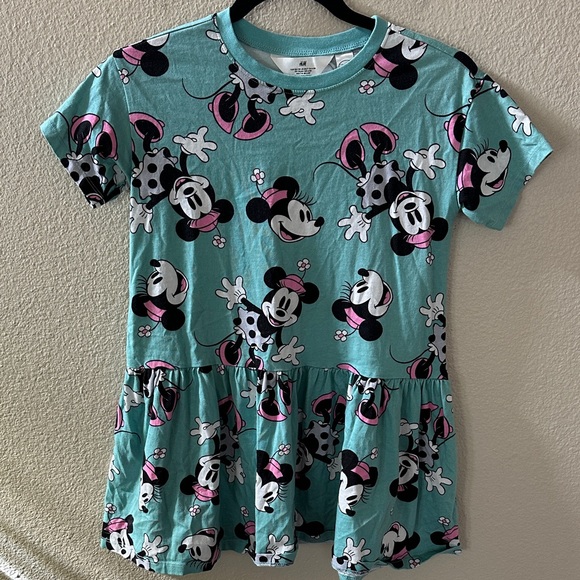 H&M Disney Girls Turquoise Minnie Mouse Short Sleeve Cotton Dress Size 6X/7 - Picture 1 of 8
